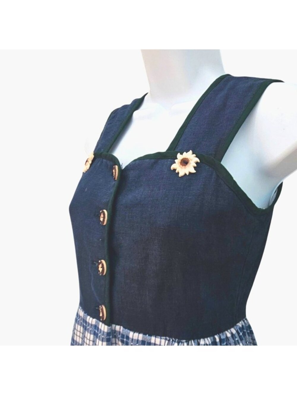 Vintage 80s 90s Handmade Dirndl Dress Blue and White Cotton Polyester XXS - Picture 5 of 16